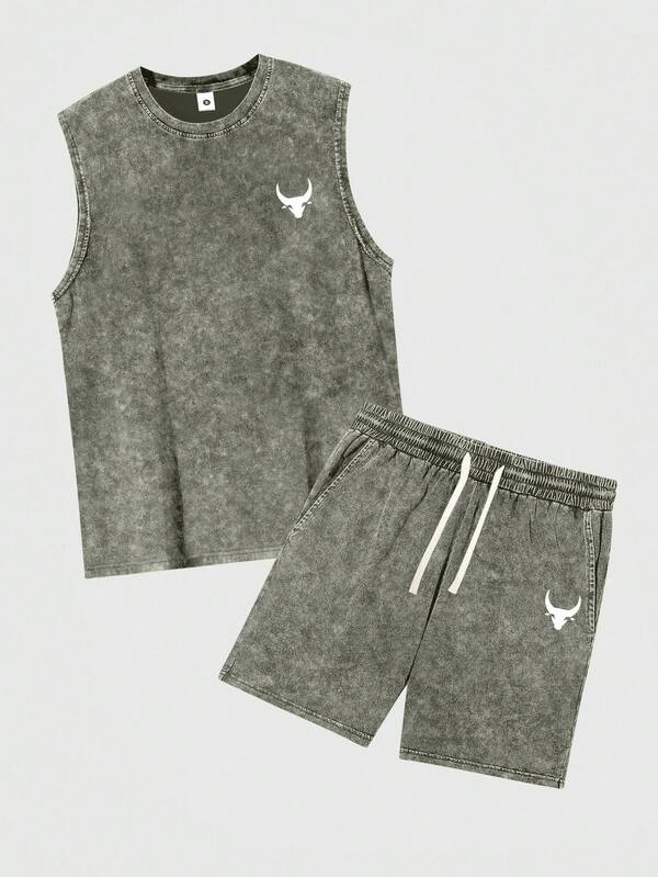 Conjunto casual de verano de camiseta sin mangas y pantalones cortos, lavado de nieve, para hombres, con estampado de cabeza de vaca en la Top y cintura con cordón en los pantalones cortos, para uso en la calle, al aire libre, senderismo, playa