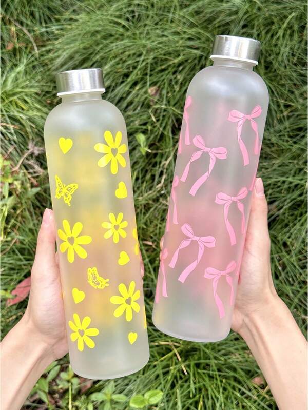 1 pièce Bouteille d'eau en plastique mate dégradée de 1000 ml/33,8 oz avec décoration en nœud, tasse d'eau de sport/bureau unisexe, design antidérapant et anti-fuite, convient pour le camping, le yoga, le cyclisme, l'école, les anniversaires, Halloween, Noël