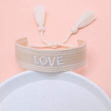 1pc Handmade Embroidered Love Letter Boho Tassel Braided Bracelet - Beige - View 2