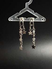 1 Pair Unique Micro-Inlaid Zirconia Five-Pointed Star Tassel Earrings, Fashionable Elegant Versatile Niche High-End Star Earrings