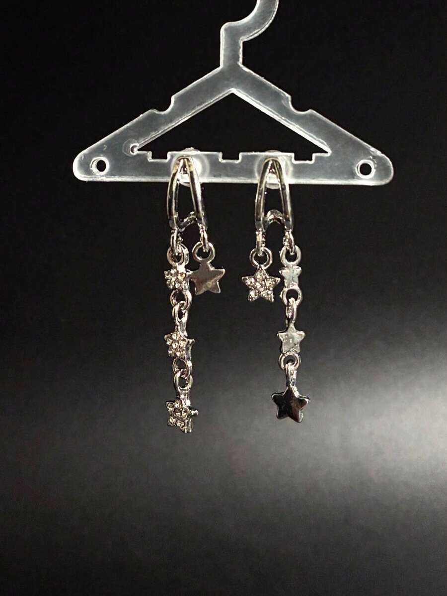 1 Pair Unique Micro-Inlaid Zirconia Five-Pointed Star Tassel Earrings, Fashionable Elegant Versatile Niche High-End Star Earrings