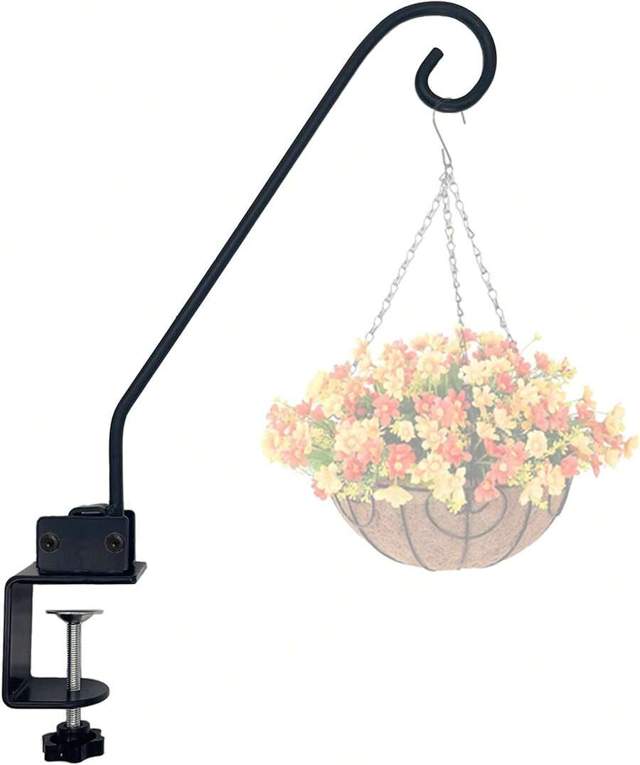 Heavy Duty Deck Hook,Courtyard Decoration,Pole 16.5"Long Metal Deck Railing Hooks For Hanging Bird Feeders,Planters,Suet Baskets,Lanterns,Wind Chimes,Clamp Mounted,Under 15 LBS - 黑色 - 查看 1