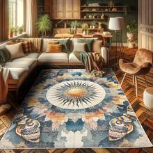 Retro Mid Century Abstract Pattern Rug On Ivory Background, Dark Orange And Reseda Green, 4' X 5' 5", Ideal For Bedroom, Dorm And Living Room - Biru Abu-abu Aprikot Beige - View 3