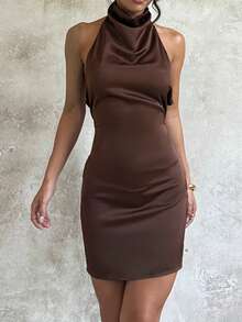 WOWDARK 女士冬季缎面高领露背紧身派对连衣裙，适合情人节、约会、派对、聚会、婚礼等春季场合。 - 棕色 - 查看 4