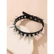 1pc Gothic Punk Rock Spiked Leather Necklace Choker - Black - View 1
