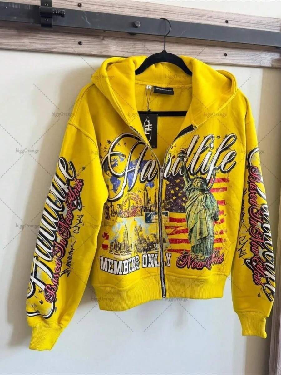 Streetwear Zip-Up Hoodie | Unisex Oversized Graphic Pullover | Y2K Vintage Style - 黃色 - 查看 1