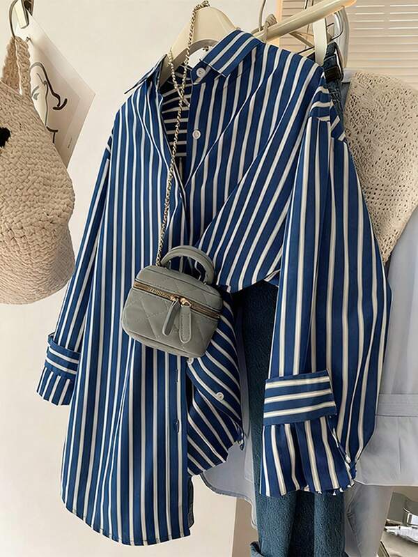 Camisa de botones a rayas de estilo coreano en azul bebé, ropa casual de invierno y otoño para Navidad, Acción de Gracias y Año Nuevo para mujeres