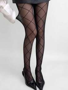 1 pieza Medias transparentes delgadas y sexys con estampado de rombos para mujer