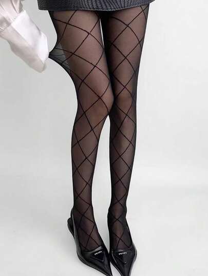 1 pieza Medias transparentes delgadas y sexys con estampado de rombos para mujer