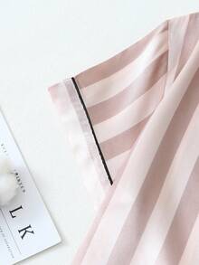2pcs Satin Striped Short Sleeve Collared Top And Bow Tie Striped Shorts Pajama Set For Women, Summer - Grey - View 6