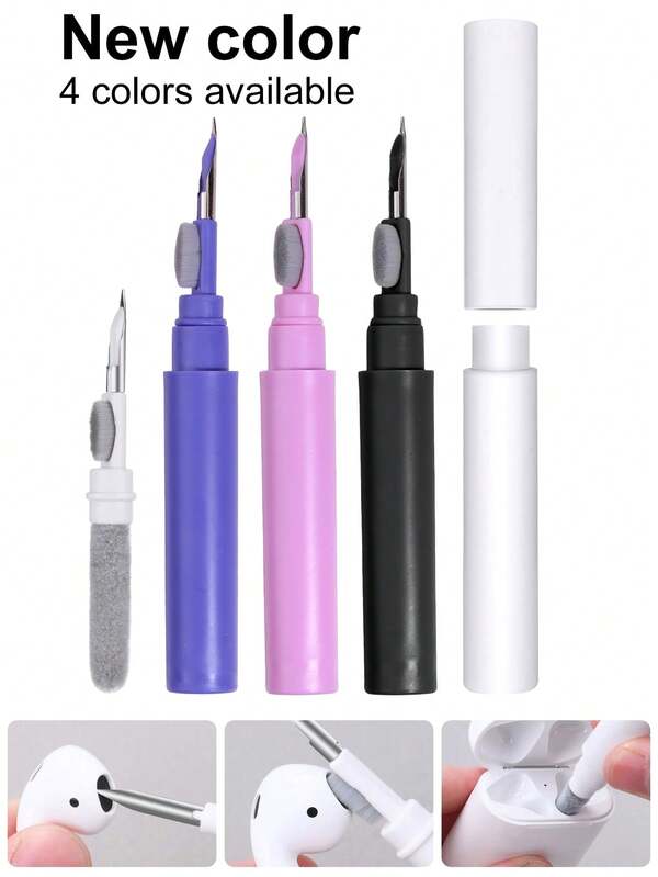 Kit de limpeza de eletrônicos 3 em 1 - Caneta multifuncional com escova macia/esponja flocada/ponta de metal para fones de ouvido, estojos de carregamento e dispositivos, remove poeira, cera de ouvido e sujeira, compacto e portátil