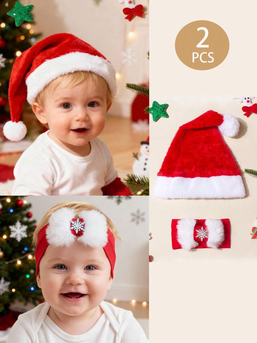 Baby Christmas Hat + Christmas Baby Headband Set Baby Christmas Decoration Christmas Gift, Boys And Girls Universal, Girl Fall Dress Red Accessories,Boy Dress,Xmas Gift,Xmas Decoration,Xmas Hair Accessories