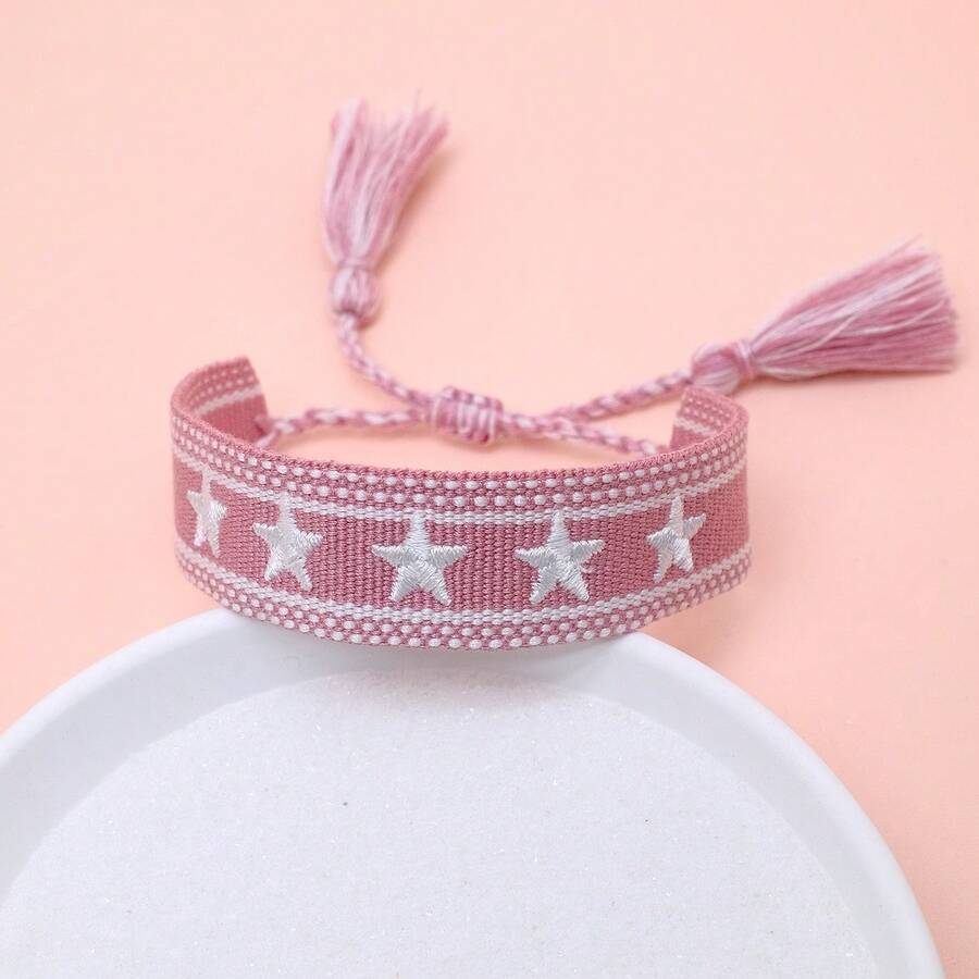1pc Handmade Embroidered Pentagram Bracelet - Baby Pink - View 1