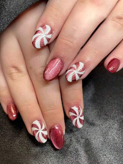 Sweeten Up Your Day With 24pcs Christmas Medium Almond Shape Press On Nails Glossy Red White Glitter Swirls Fit Perfectly Fake Nails Kit Full Cover False Nails Includes 1sheet Adhesive Tabs & 1pc Mini File For Daily Dating Office Home Party Women Jewelry Accessories False Nail Tips 1 File Strip Jelly Gel