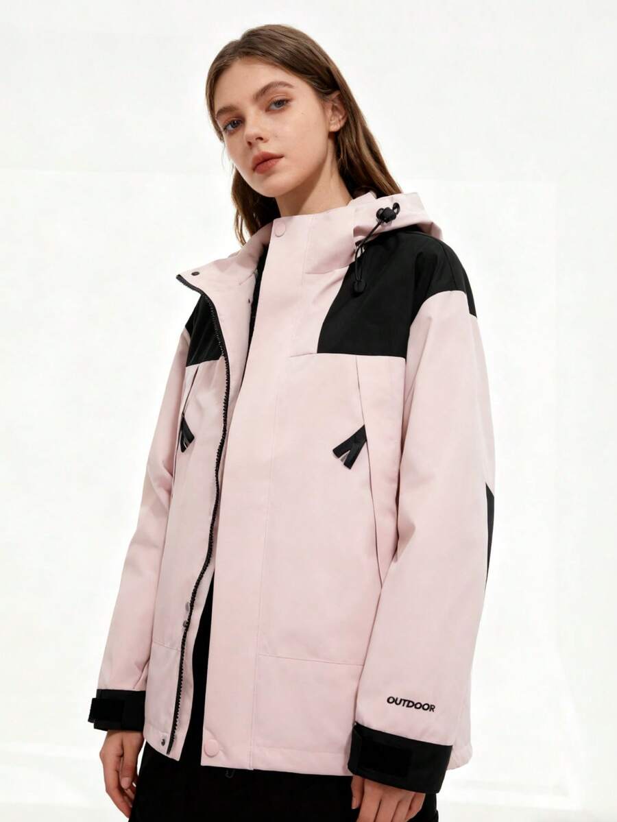 Women's Outdoor Casual Jacket Single-Shoulder Jacket Windproof Detachable Hood Zipper Cardigan Stitching Color - 粉色 - 查看 1