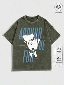 EWH MEN Street Life "D Eftones" Band "Around The Fur" Graphic Print Vintage Washed Short Sleeve Crew Neck Men's T-Shirt,Cheap Clothes,T Shirt Men DG004 - Verde militar 4 - Ver 1