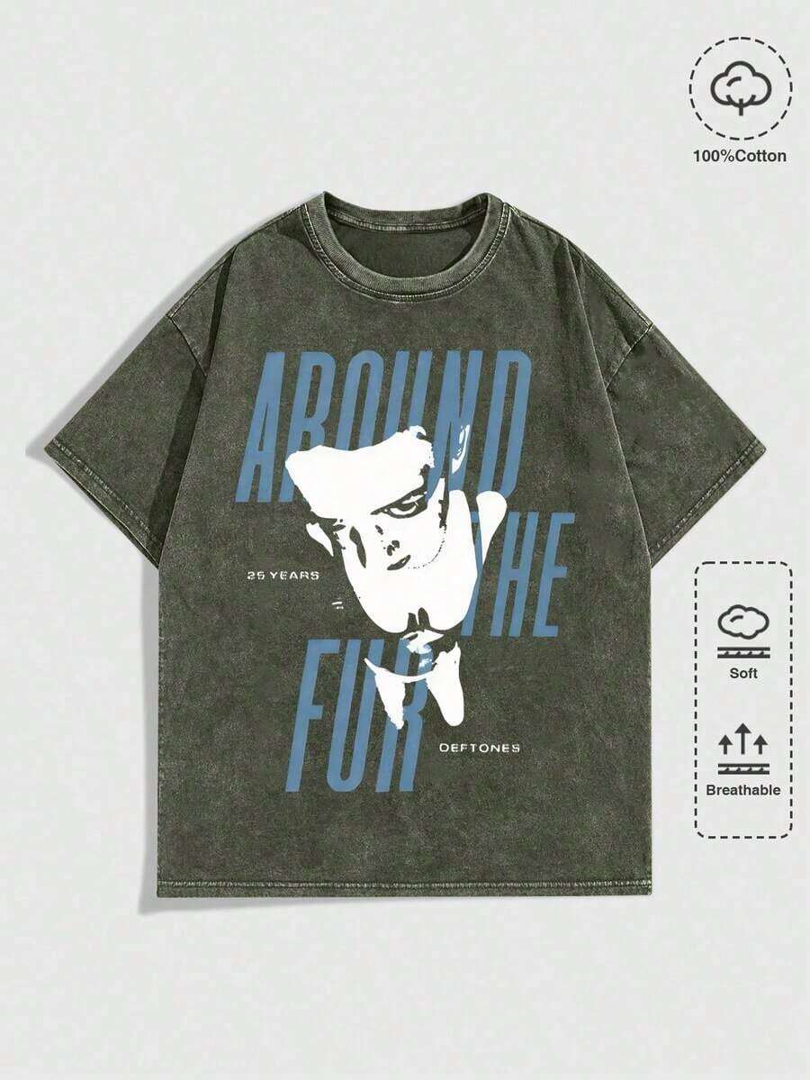 EWH MEN Street Life "D Eftones" Band "Around The Fur" Graphic Print Vintage Washed Short Sleeve Crew Neck Men's T-Shirt,Cheap Clothes,T Shirt Men DG004 - Verde militar 4 - Ver 1