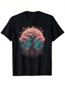 Camiseta gráfica de flor de cerezo para hombres.% Algodón. Manga corta negra. Diseño artístico de sakura japonesa. Regalo perfecto para familiares y amigos. Tallas S-. 180 gramos. Lavable aáquina. Camiseta de cereza - Negro - Ver 6