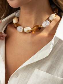 1 pezzo Collana asimmetrica in resina con perline geometriche di stile bohémien, elegante e alla moda per casual, festa, vacanze, stile di strada, appuntamenti di coppia, regalo di gioielli per festival femminili (colore e materiale soggetti all'articolo reale)