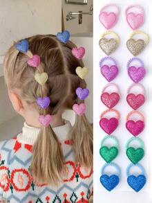 14pcs Cute Glitter Heart, Star, Crown Hair Ties, Elastic Hair Bands, Hair Accessories