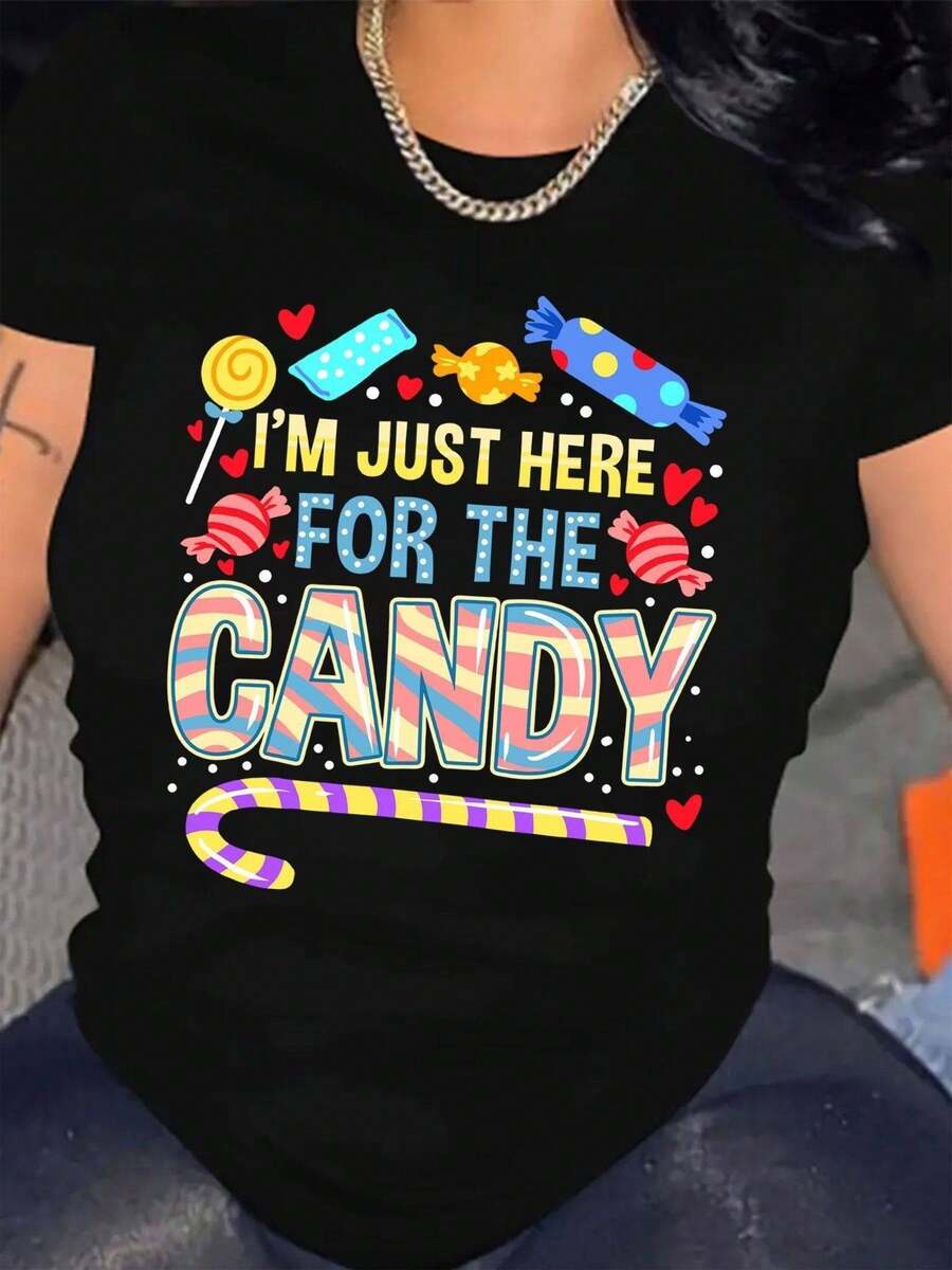Camiseta Gráfica de Mujer "Amante del Dulce" - Suave y Transpirable con Estampado Colorido de Caramelo (Piruletas, Gominolas, Bastones de Caramelo) - Cuello Redondo Holgado para Disfraces de Halloween, Fiestas de Cumpleaños o Uso Diario - Regalo Lindo para Niñas y Mujeres