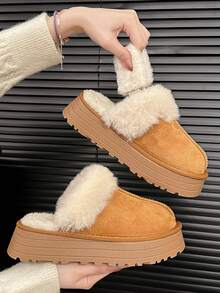 2022 Autumn/Winter Furry Slip-On Slippers For Women, Warm Snow Boots, Closed Toe Fluffy House Shoes - Camel - View 4