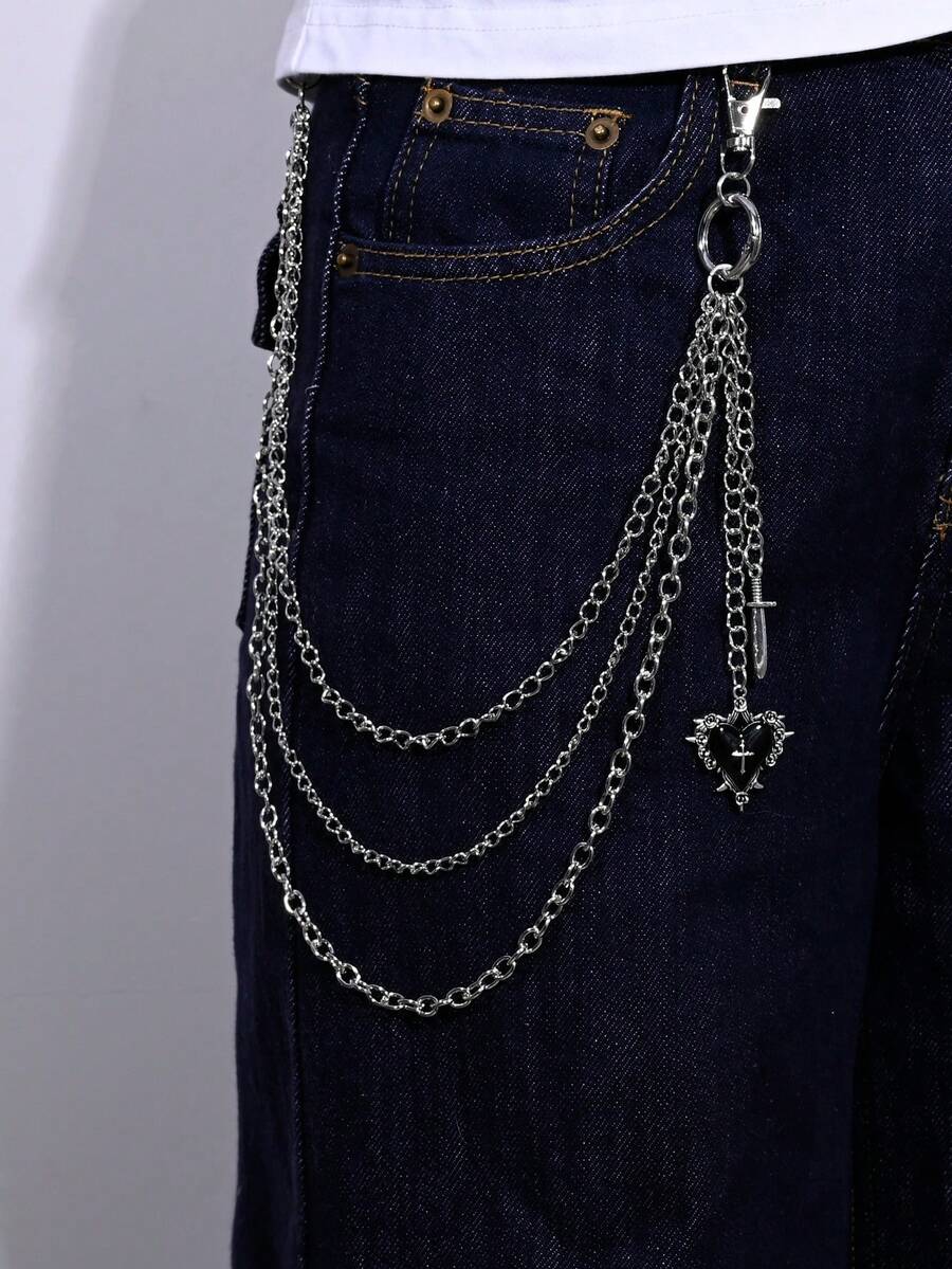 1pc Punk Style Cross, Skull, Spider, Snake Sword, Heart Pendant Chain Belt For Pants Decoration, Unisex, Suitable For Halloween, Music Festivals - A Style - View 1
