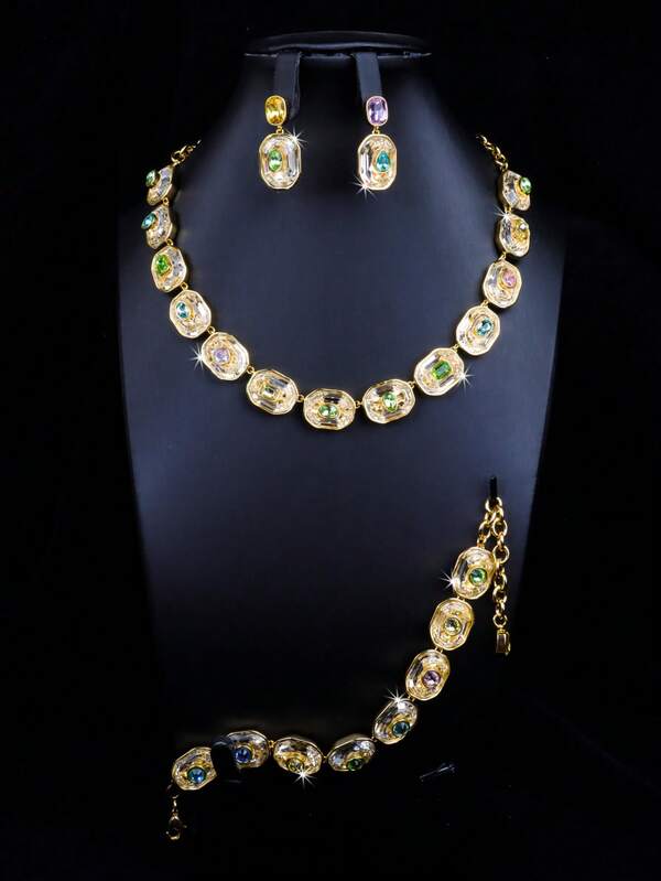 oudina 4 piezas Conjunto de collar, pulsera y aretes de geometría colorida de circonita de lujo, adecuado para uso diario de mujeres