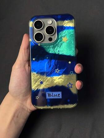 1 st. unikt blått tie-dye-skal med stjärndesign, kompatibelt med 15 Pro Max, 16, 13, 12, premiumkvalitet