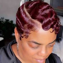 Tóc giả ngắn màu đen 99j 4# Bob Pixie cắt 13x4 làm từ tóc thật, kết cấu sóng ngón tay, kiểu tóc ngắn tự nhiên - Nhiều màu - Xem 4