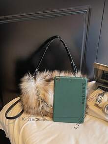 1 geantă de umăr pentru femei, din blană artificială, cu buline, culoare cafea, ombre, cu lanț, la modă pentru toamnă/iarnă