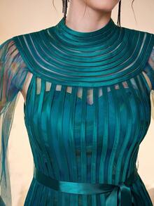 Mgiacy,New Arrival,Stand-Up Collar, Printed Mesh, Slats, Fluttering Pieces, Ultra-Long Sleeves, Large Hem, High-End Evening Dress,FOR,Prom Wedding,Party Dress,Wedding Guest Dress, Evening Dress - Teal Blue - View 6