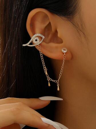 Örhängen med djävulsöga, öronklämma, örhängen, örhängen i ett stycke, örhängen med vattendroppekedja för kvinnor