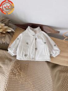 女婴厚款花卉刺绣保暖内衬夹克，冬季保暖外套 - 杏色 - 查看 2