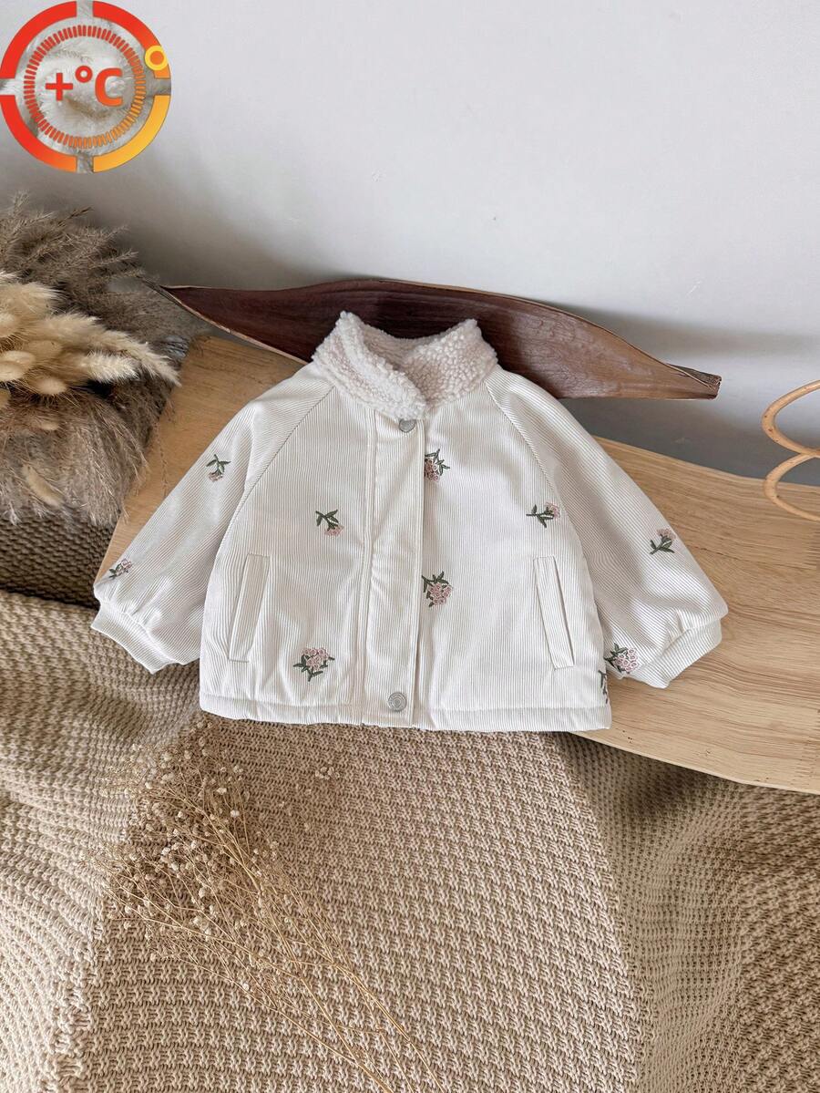 女婴厚款花卉刺绣保暖内衬夹克，冬季保暖外套