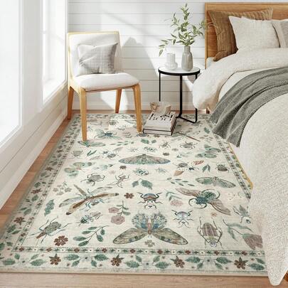 1 Stück super weicher Schlafzimmerteppich, beige Insekten bedruckter waschbarer dekorativer Teppich für Wohnzimmer, Esszimmer rutschfeste ultra-dünne Matte, fleckresistenter moderner großer Teppich, geeignet für Flur, Küche, Waschraum, Bad, Dorm, Sofa, Schlafzimmer, Wohnzimmer, Waschtisch, Stuhl, Dorm Teppich, Mode Teppich, Raumdekoration, Weihnachtsdekoration, Geschenk, Heimdekoration, Schlafzimmerdekoration