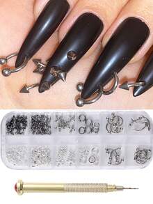 3D银色金属铆钉美甲装饰品，3D合金朋克美甲配件Y2K哥特星空行星铆钉锥形美甲用品，金色美甲打孔笔，美甲凝胶指甲油美甲沙龙用品 - 彩色 - 查看 12