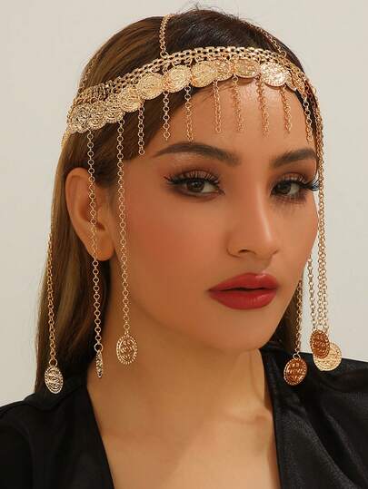1件时尚金币流苏头链，女士舞者表演配饰，头饰