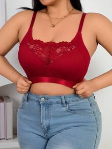 Wine Red Ribbed Lace Patchwork Camisole, Skin-Friendly Adjustable Straps - Burgundy - View 4