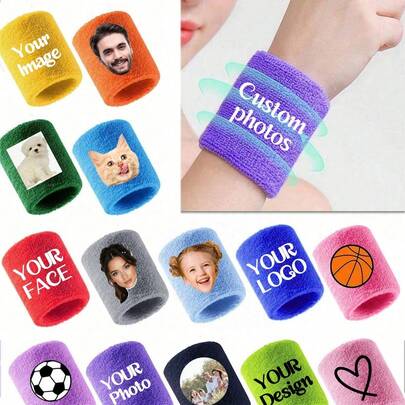 1 Cặp Băng đeo cổ tay thể thao cá nhân hóa in ảnh/văn bản, Băng đeo cổ tay thể thao unisex, Băng đeo cổ tay thấm hút mồ hôi, Có thể in ảnh hoặc thông tin của riêng bạn.