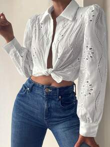 Vaiaye Women's Shirt, Embroidered Solid Color Tie Long Sleeve White Blouse, Suitable For Carnival, Daily Wear, Travel, Mother's Day, Birthday And Beach Party - White - View 10