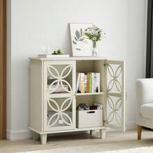 Sideboard With Adjustable Shelves, Freestanding Bathroom Cabinet With Hard Glass Doors, Modern Retro Kitchen Console Table, Decorative Storage Cabinet With Two Doors, Cream Color - 1 - 查看 12