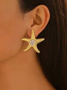 1 对简约海星设计不锈钢耳钉，适合女性日常生活、旅行、派对佩戴 - 金黃色 - 查看 8