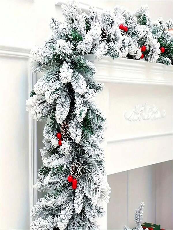 1pc, 5ft/9ft Snowy Christmas Wreath, Heavily Snowed Artificial Christmas Wreath, Frosty Holiday Pine Wreath, White Snowy Wreath, For Christmas Tree, Staircase, Fireplace Decor