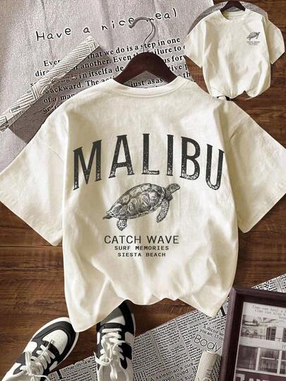 Camiseta de manga corta con cuello redondo, estampado de letras y animales, casual y versátil, verano, suelta y cómoda