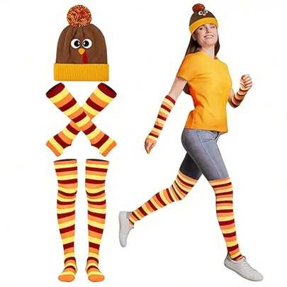 3 PiecesChristmas Thanksgiving Turkey Trot Costume Comfortable Thanksgiving Outfit With Beanie Socks Arm Warmers Perfect For Runners Festive Holiday Wear Multiple Colors Lightweight Thanksgiving Costume Accessories​