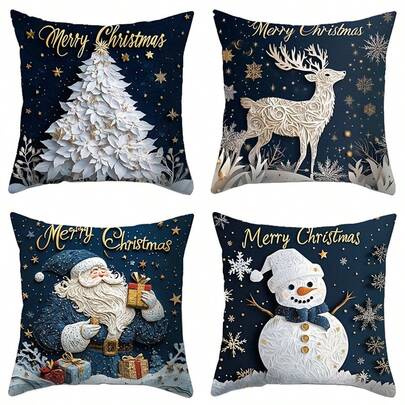 1/4pcs Christmas Starry Sky Painting Pillow Cover, Oil Painting Style Christmas Tree, Reindeer, Santa Claus, Snowman Design, Polyester Fabric Single-Sided Printed Cushion Cover, Christmas Home Decor, Suitable For Party Supplies, Home Sofa Bed Chair, Farmhouse Outdoor Patio Decor, Zipper Closure, Pillow Insert Not Included