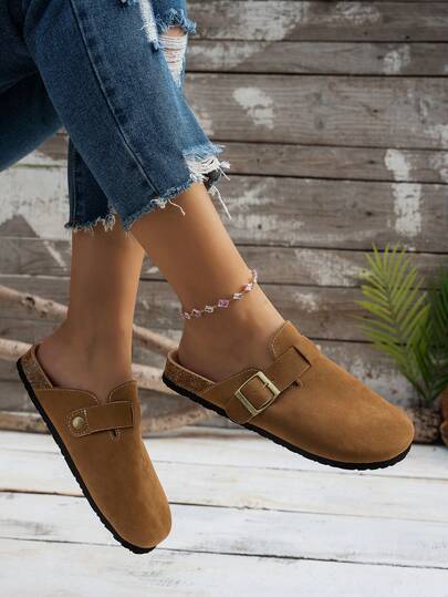 Boken Women's Spring 2025 New Large-Size Closed Toe Solid Color Fashionable And Versatile Decorative Buckle Slouchy Style Sloping Heel Thick Sole Shoes, Mule Flats