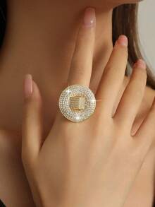 1pc Exquisite Large Round Zirconia Gold Ring, Luxury Exaggerated Geometric Adjustable Ring, Suitable For Women's Wedding, Engagement, Anniversary Gift - Yellow Gold - View 2