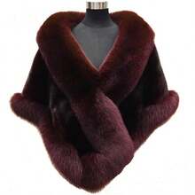Women's Faux Fur Cape Shawl Wrap - V-Neck Oversized Plush Fleece Coat, Luxurious Grey/Black/White/Beige/Brown Winter Coat For Weddings, Parties & Evening Events, Machine Washable Elegant Cover-Up Halloween Costumes For Women Scarf - 勃根地酒紅色 - 查看 1